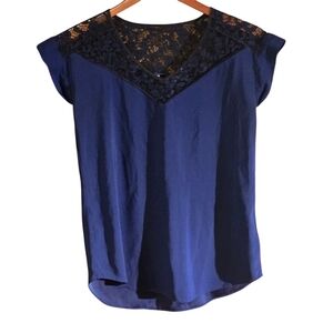 Express Women's Blue Chiffon Blouse Cap Sleeved Black Inlaid Lace Yoke Size XS